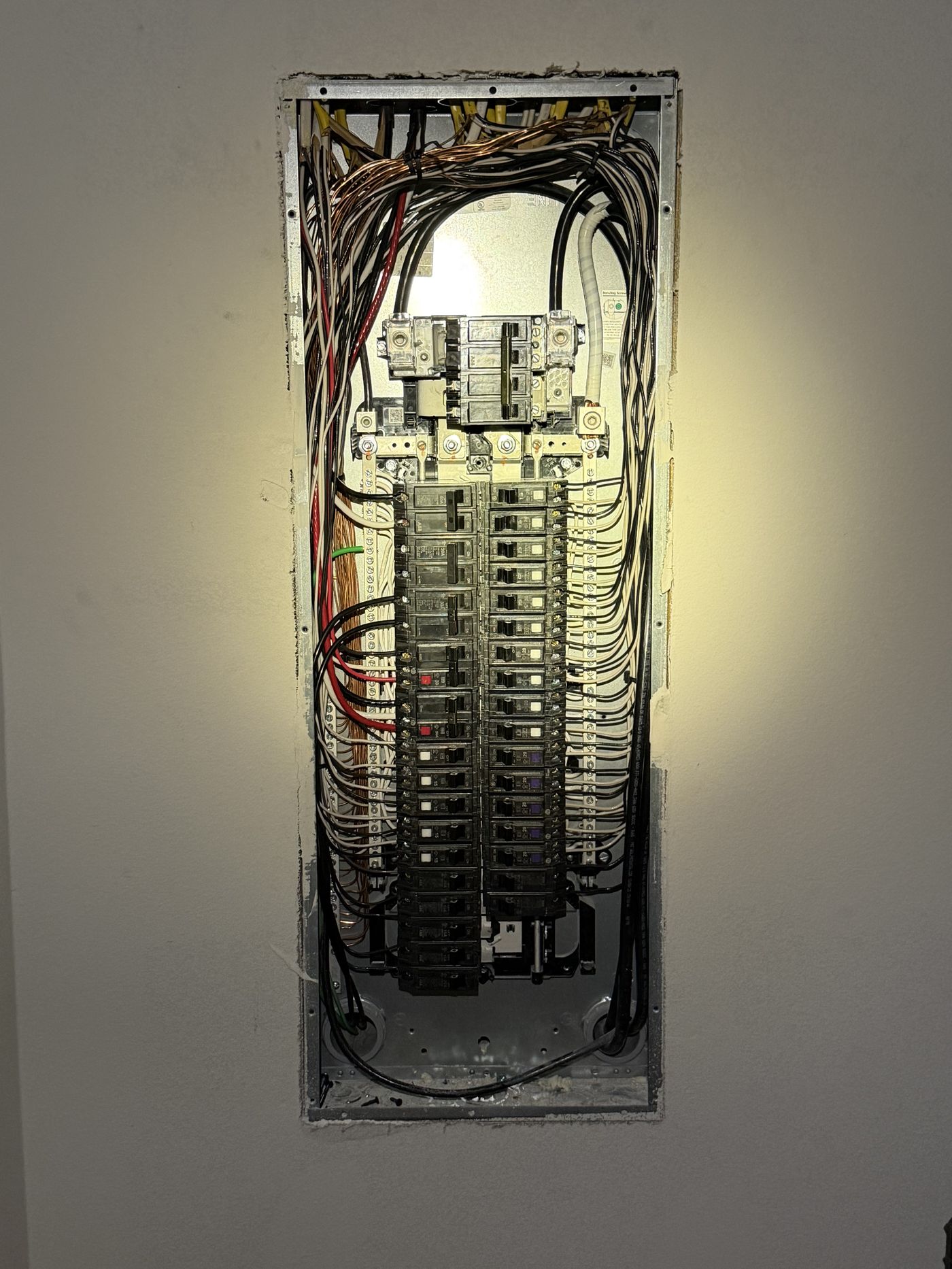 Neatly wired residential breaker panel with the cover removed during evaluation